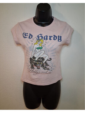 Ed Hardy Women's Small Baby Doll T-shirt Pink Hollywood Pin Up Tattoo Slim Fit